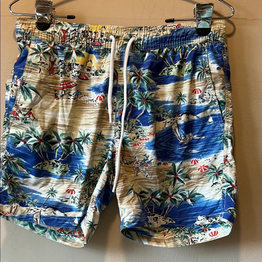 J. Crew Blue and Tan Island Print Swim Trunks